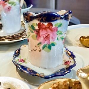 Antique Hand Painted  Cobalt Blue Floral Gold Toothpick / Matchstick Holder